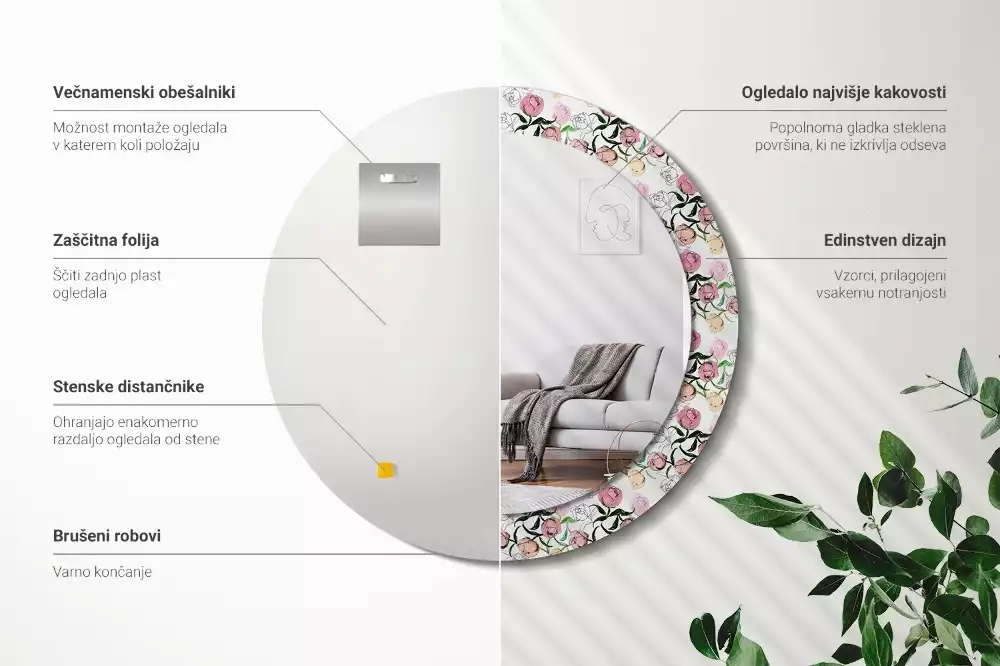 Miroir rond imprimé Bourgeons de pivoines