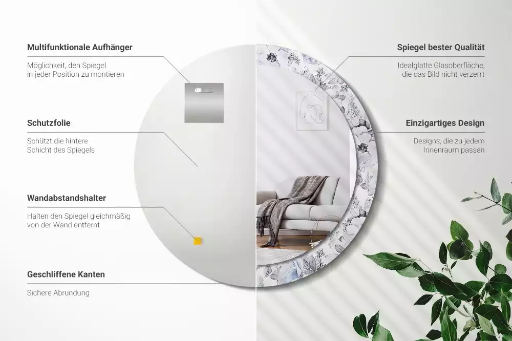 Miroir rond avec décoration Roses bleues