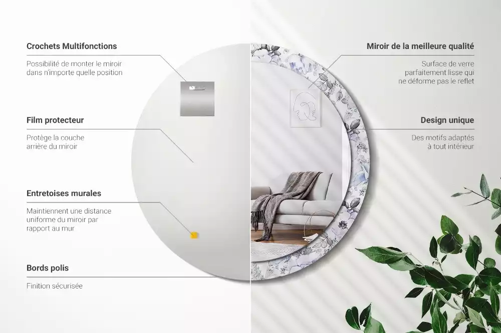 Miroir rond avec décoration Roses bleues