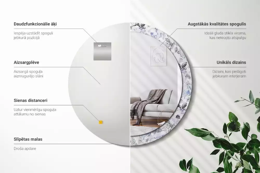 Miroir rond avec décoration Roses bleues