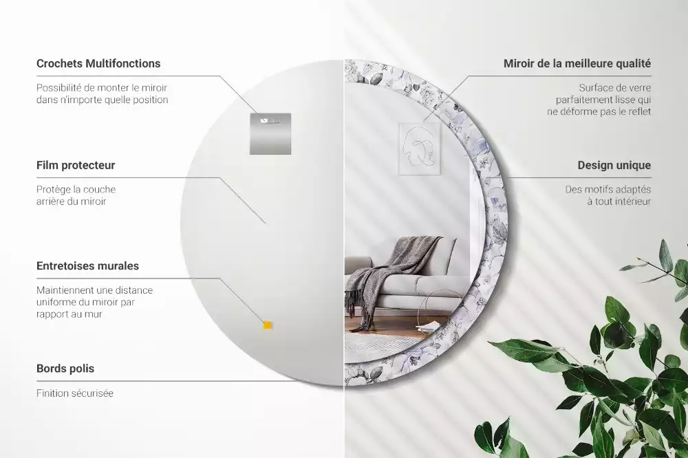 Miroir rond avec décoration Roses bleues