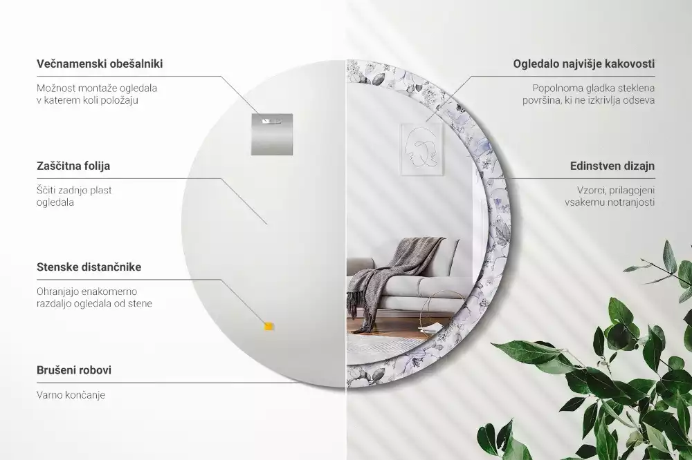 Miroir rond avec décoration Roses bleues