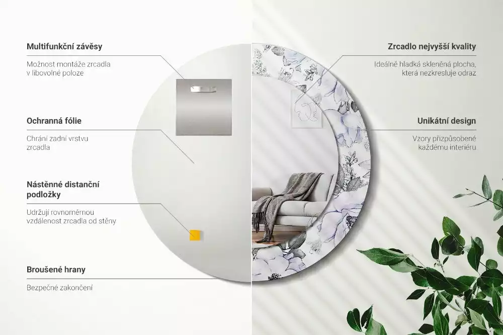 Miroir rond avec décoration Roses bleues