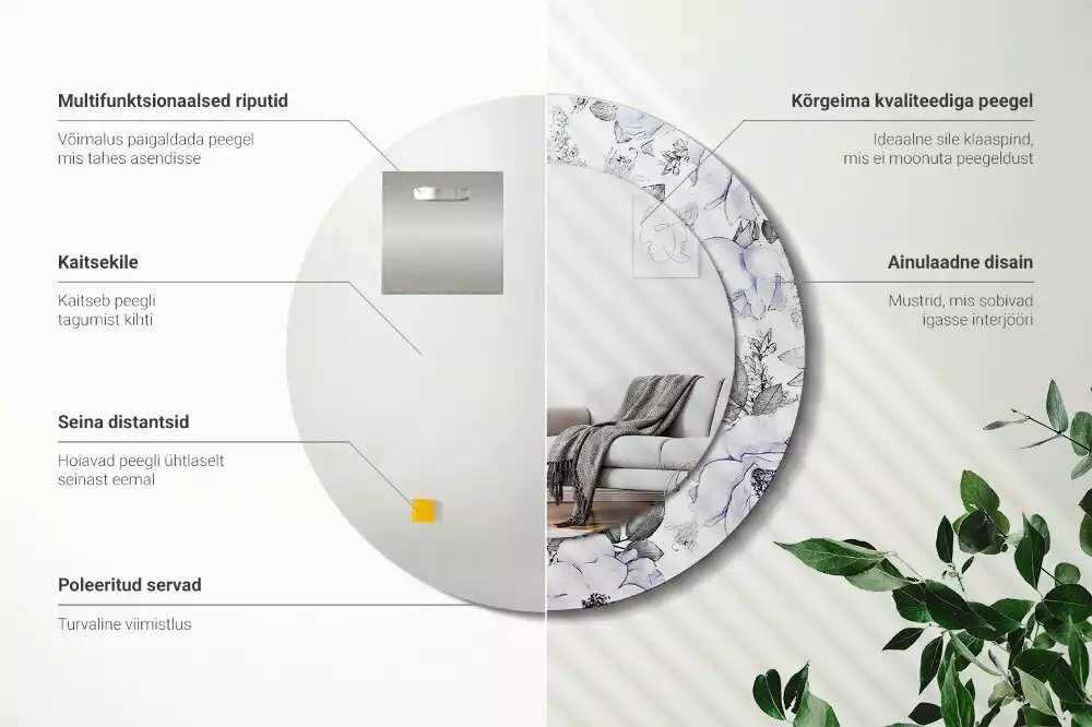 Miroir rond avec décoration Roses bleues