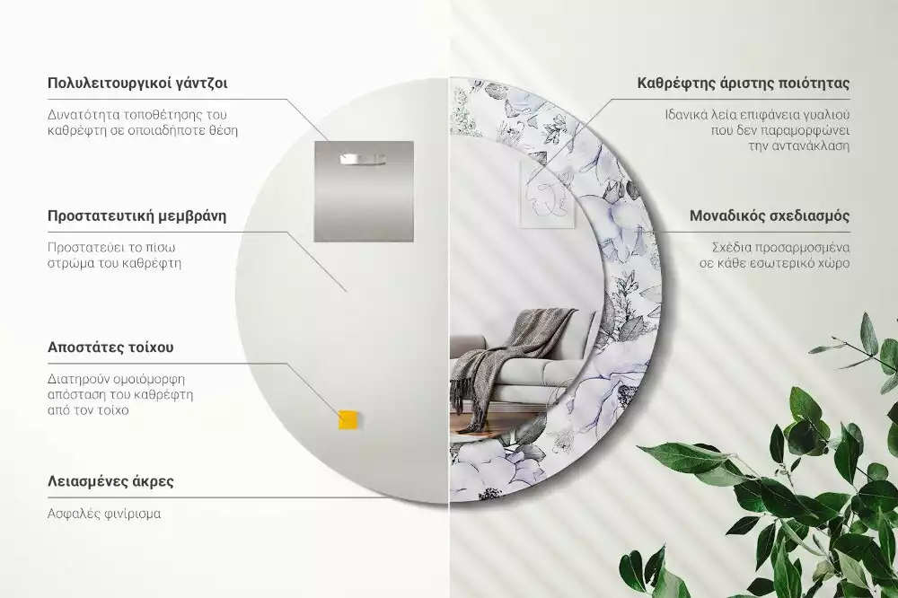 Miroir rond avec décoration Roses bleues