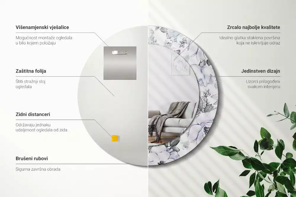 Miroir rond avec décoration Roses bleues