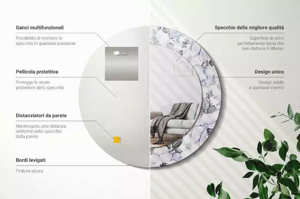 Miroir rond avec décoration Roses bleues