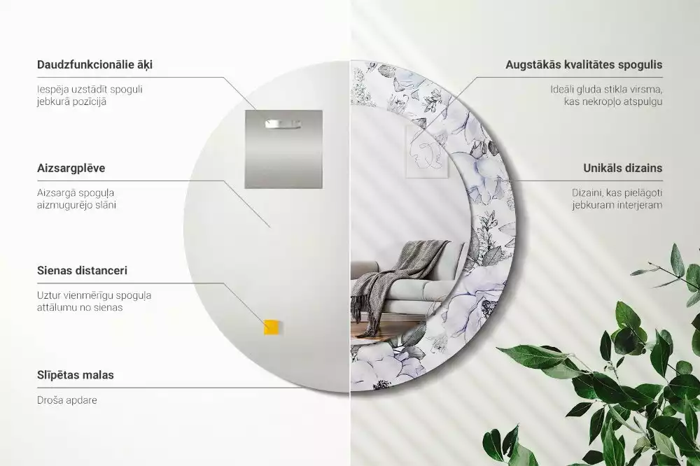 Miroir rond avec décoration Roses bleues