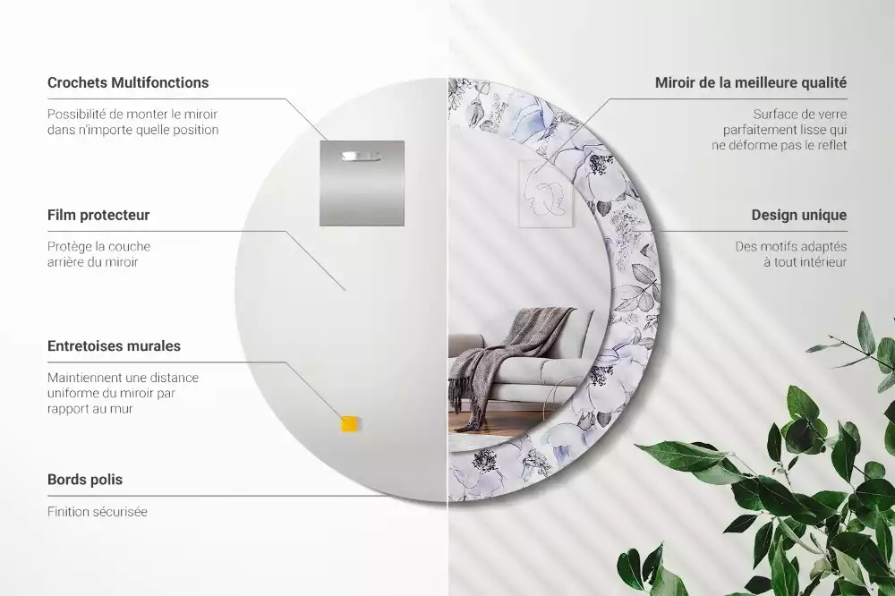 Miroir rond avec décoration Roses bleues