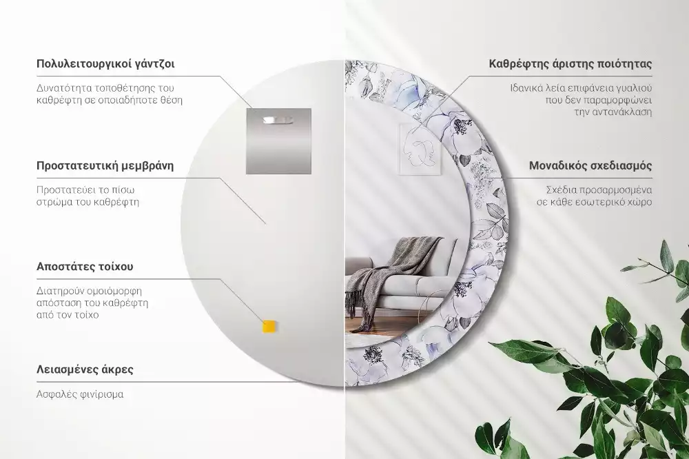 Miroir rond avec décoration Roses bleues