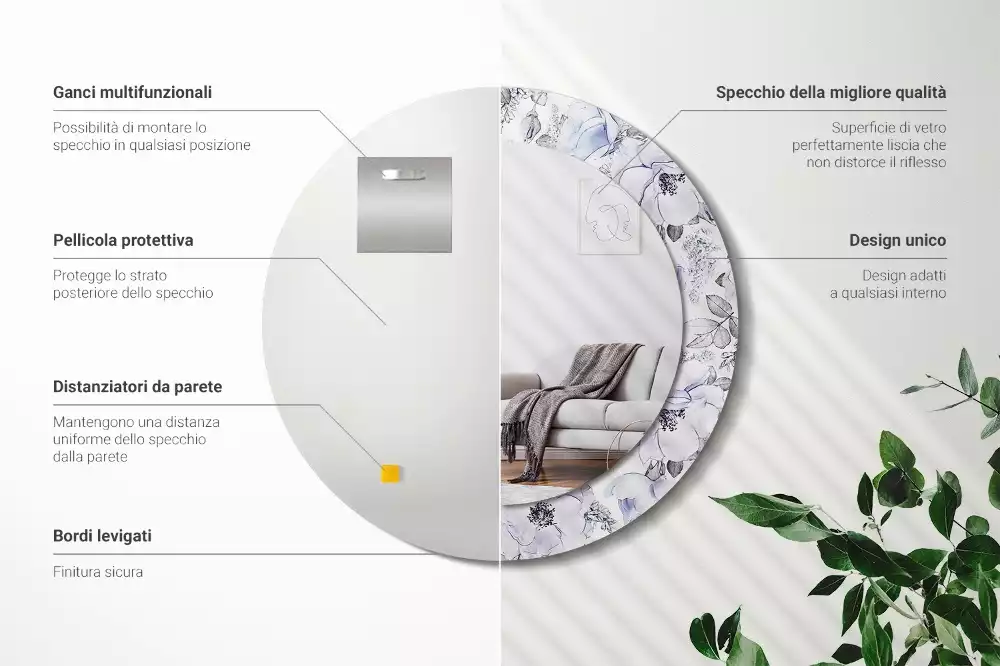 Miroir rond avec décoration Roses bleues