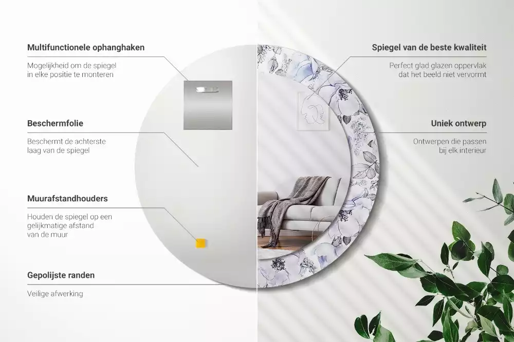 Miroir rond avec décoration Roses bleues