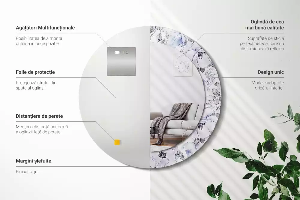 Miroir rond avec décoration Roses bleues