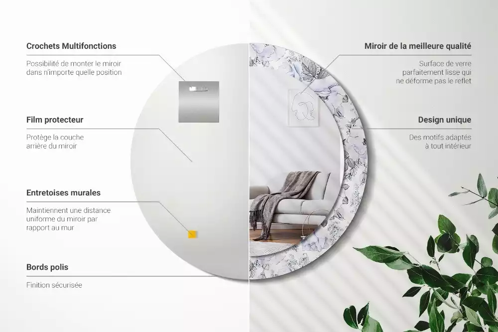 Miroir rond avec décoration Roses bleues