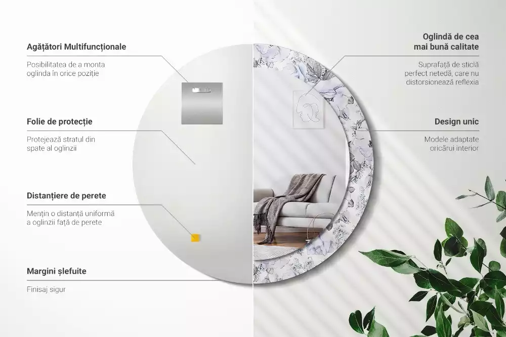 Miroir rond avec décoration Roses bleues