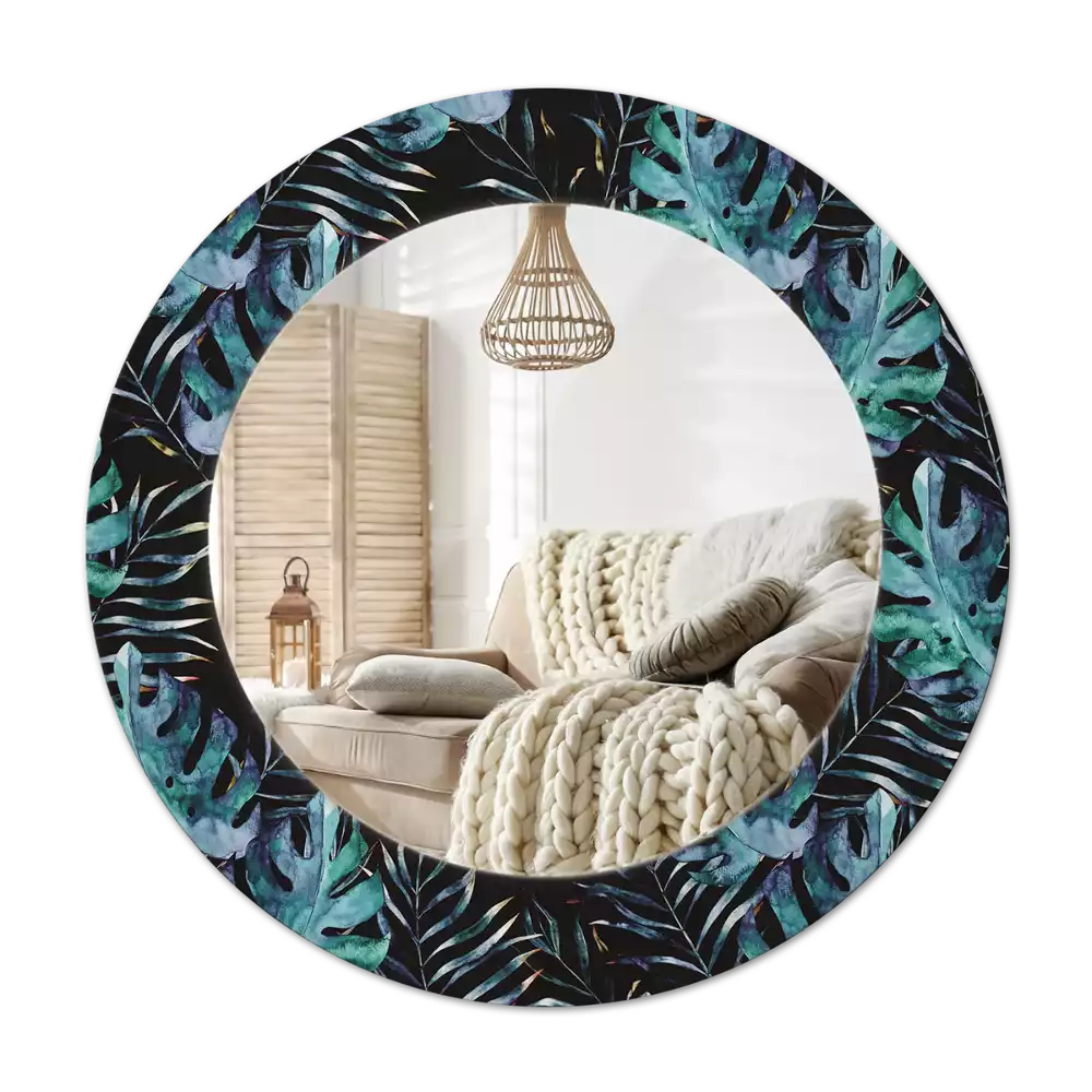 Miroir rond cadre avec impression Feuilles exotiques