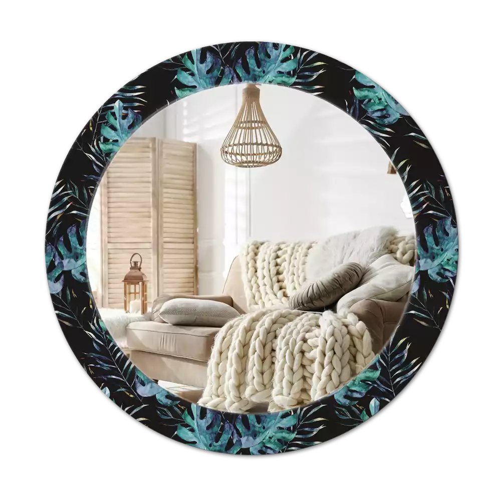 Miroir rond cadre avec impression Feuilles exotiques