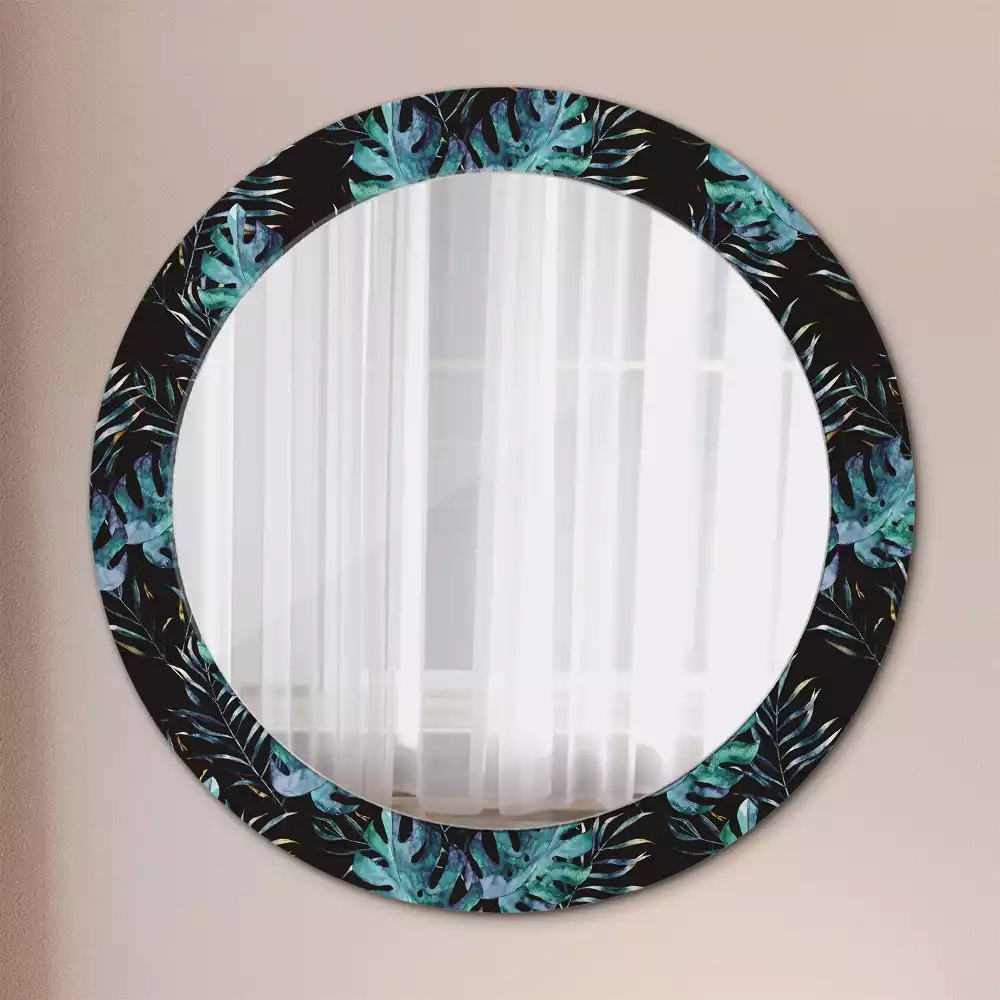 Miroir rond cadre avec impression Feuilles exotiques