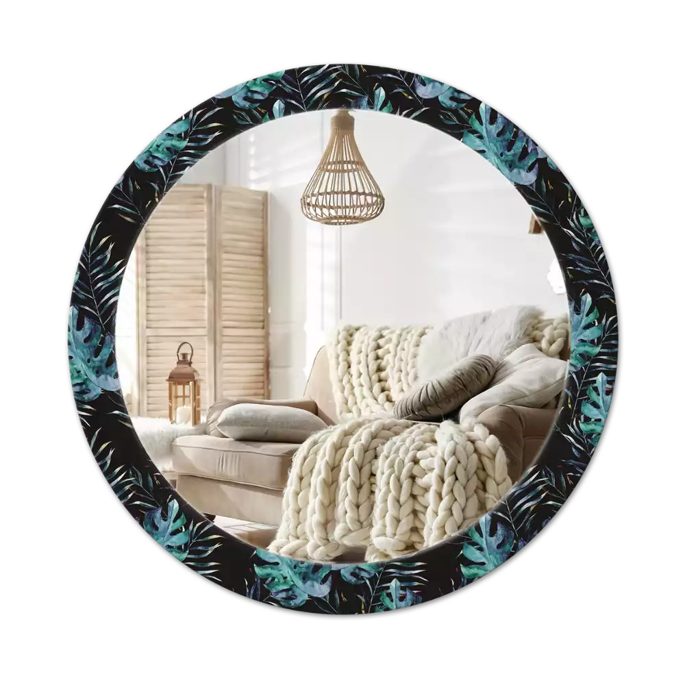 Miroir rond cadre avec impression Feuilles exotiques
