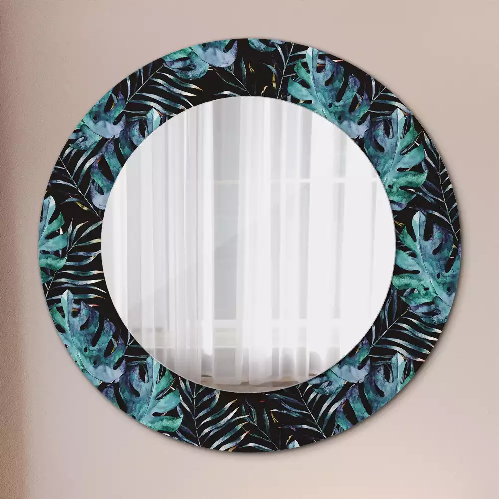 Miroir rond cadre avec impression Feuilles exotiques