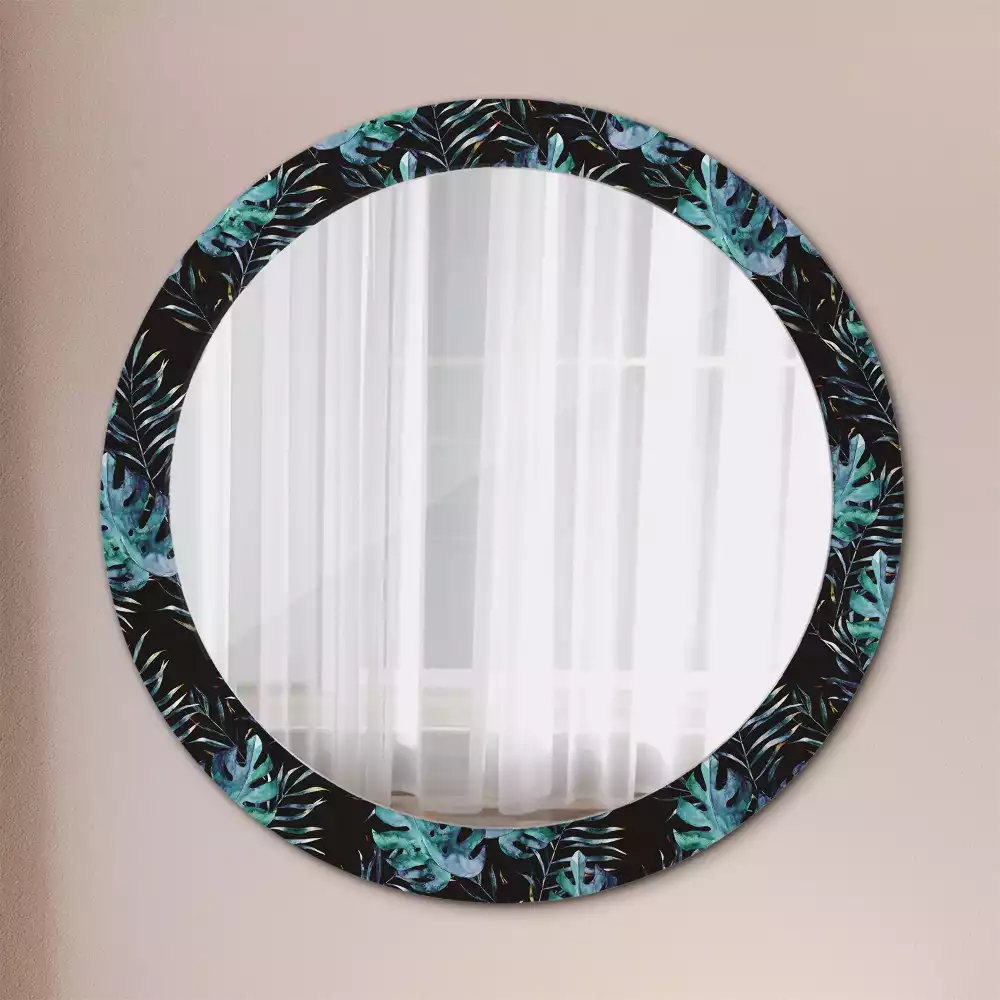 Miroir rond cadre avec impression Feuilles exotiques