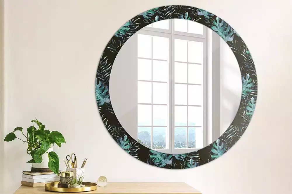 Miroir rond cadre avec impression Feuilles exotiques