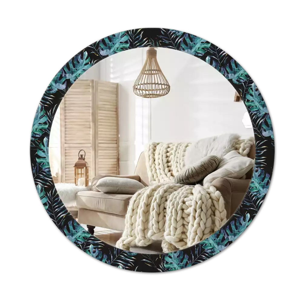 Miroir rond cadre avec impression Feuilles exotiques