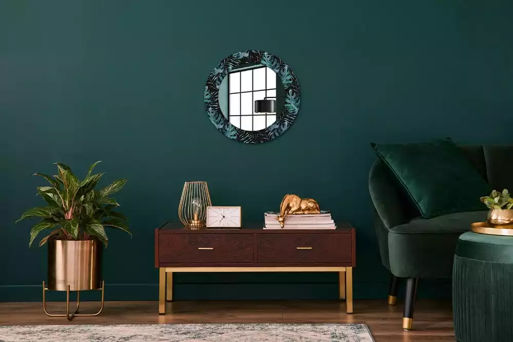Miroir rond cadre avec impression Feuilles exotiques
