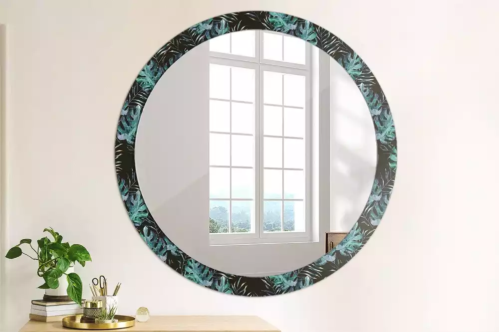 Miroir rond cadre avec impression Feuilles exotiques