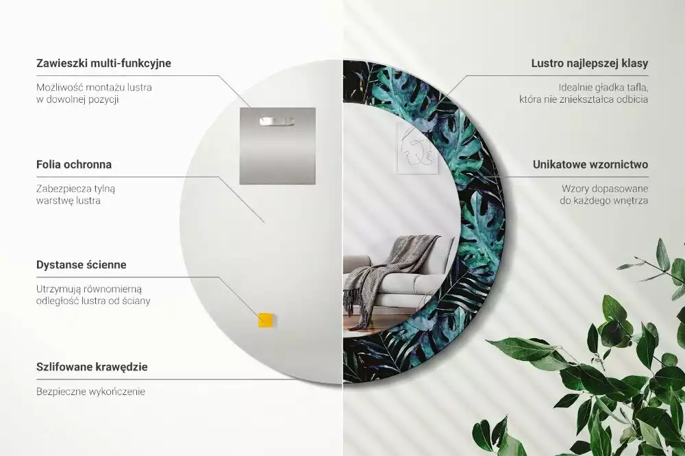 Miroir rond cadre avec impression Feuilles exotiques