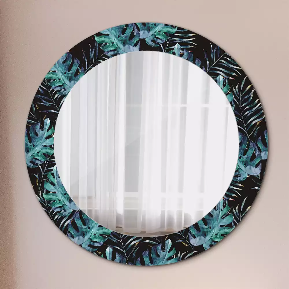 Miroir rond cadre avec impression Feuilles exotiques