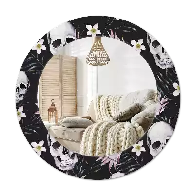 Miroir rond cadre avec impression Crânes fleuris