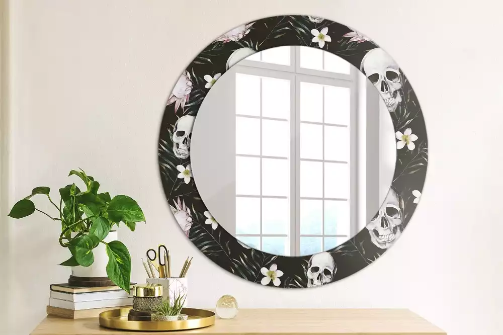 Miroir rond cadre avec impression Crânes fleuris
