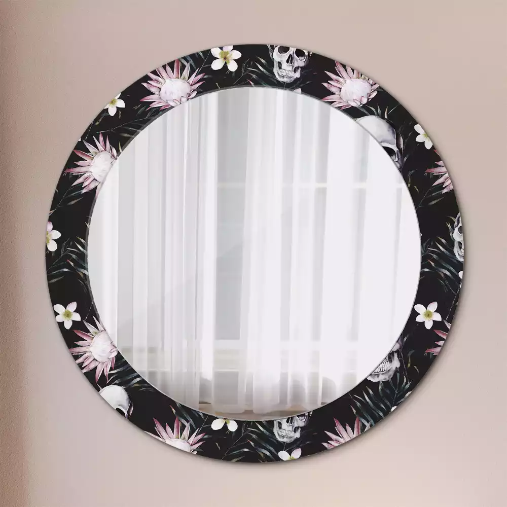 Miroir rond cadre avec impression Crânes fleuris