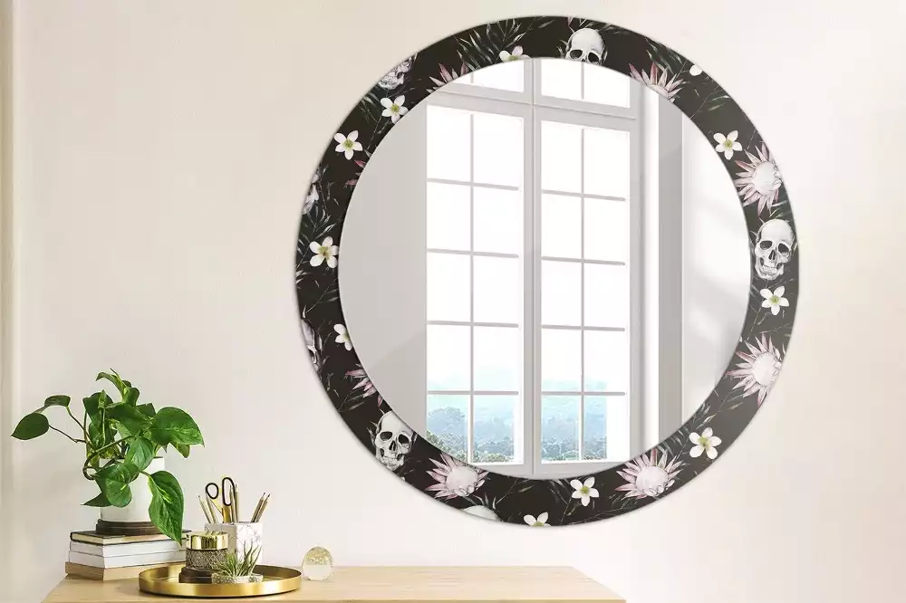 Miroir rond cadre avec impression Crânes fleuris