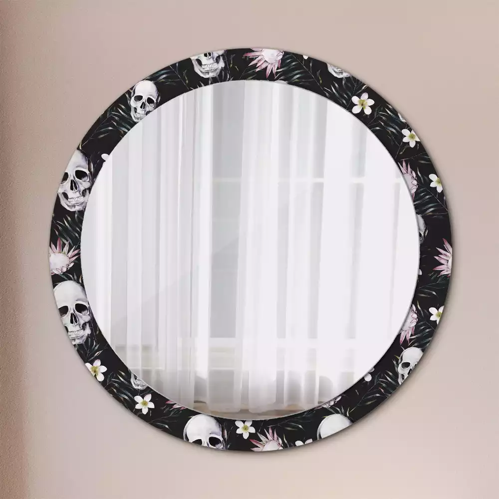Miroir rond cadre avec impression Crânes fleuris