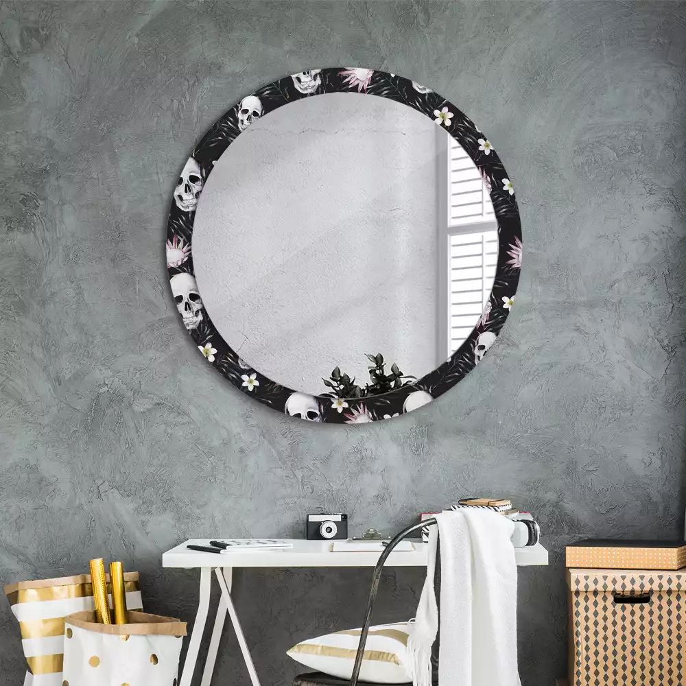 Miroir rond cadre avec impression Crânes fleuris