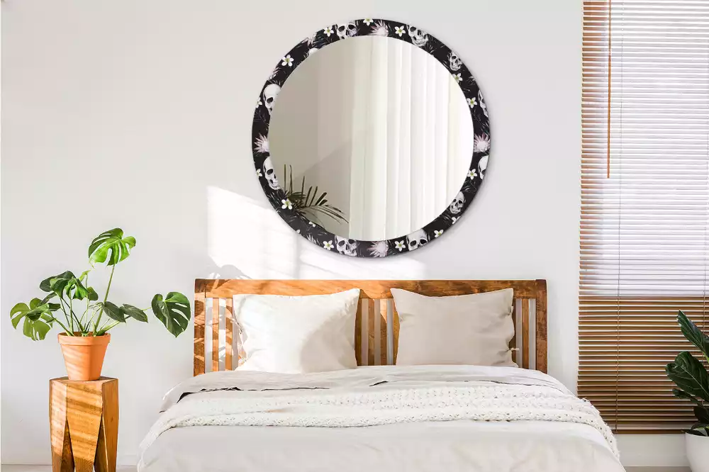 Miroir rond cadre avec impression Crânes fleuris