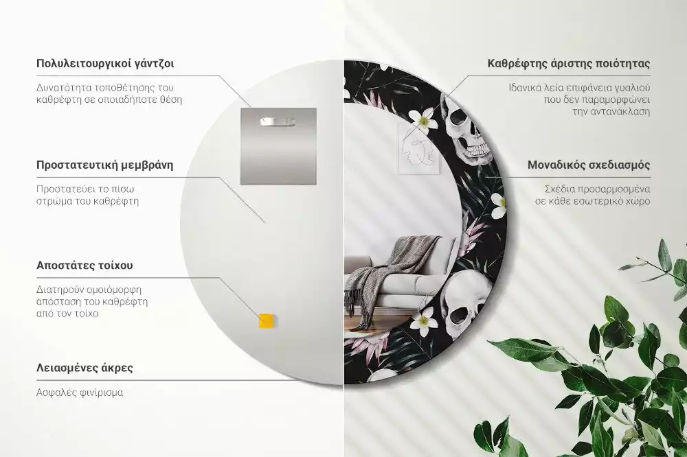 Miroir rond cadre avec impression Crânes fleuris