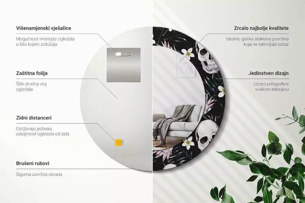 Miroir rond cadre avec impression Crânes fleuris