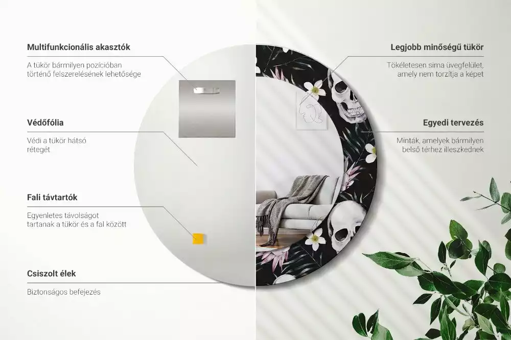 Miroir rond cadre avec impression Crânes fleuris