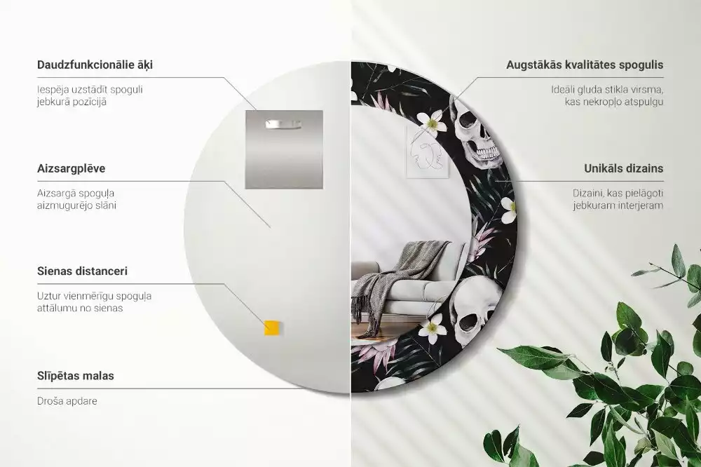 Miroir rond cadre avec impression Crânes fleuris
