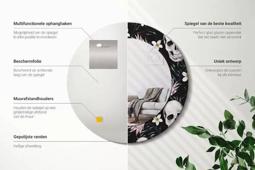 Miroir rond cadre avec impression Crânes fleuris