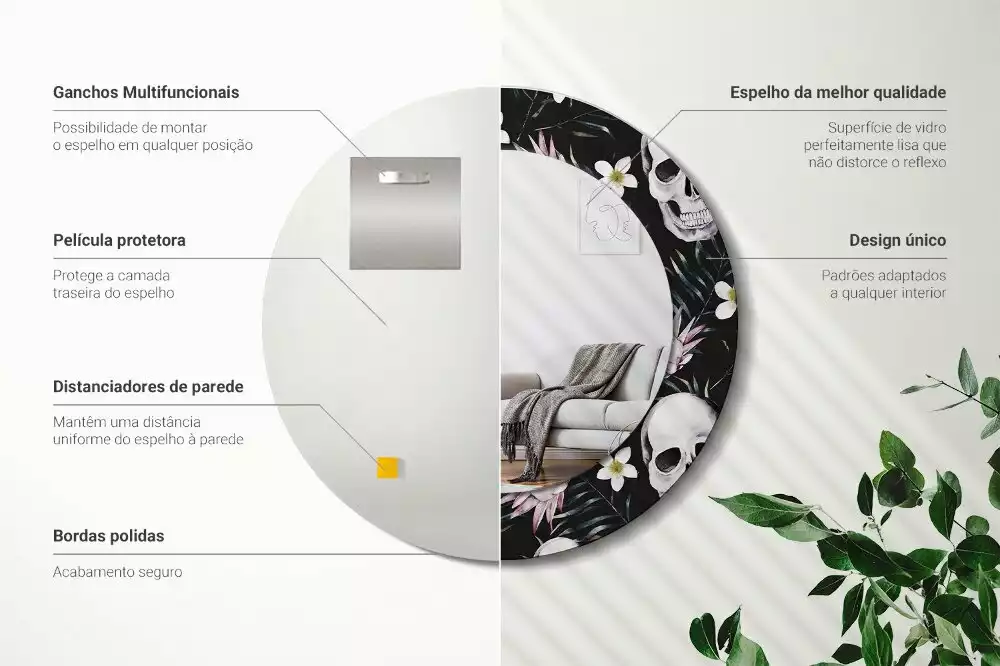 Miroir rond cadre avec impression Crânes fleuris