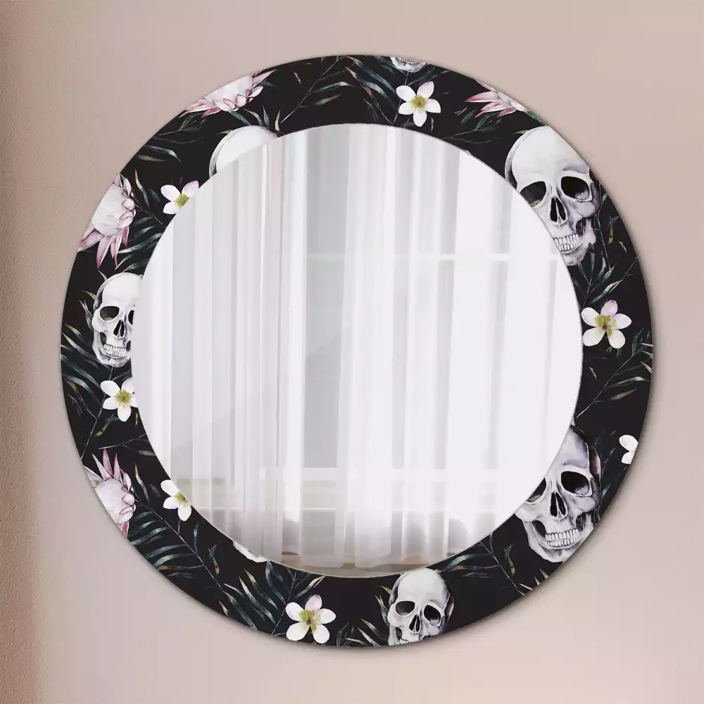 Miroir rond cadre avec impression Crânes fleuris