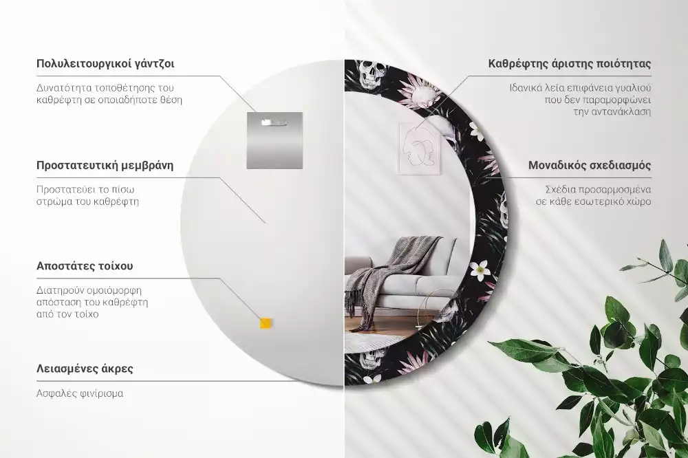 Miroir rond cadre avec impression Crânes fleuris