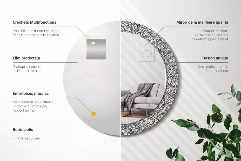 Miroir rond cadre avec impression Motif floral