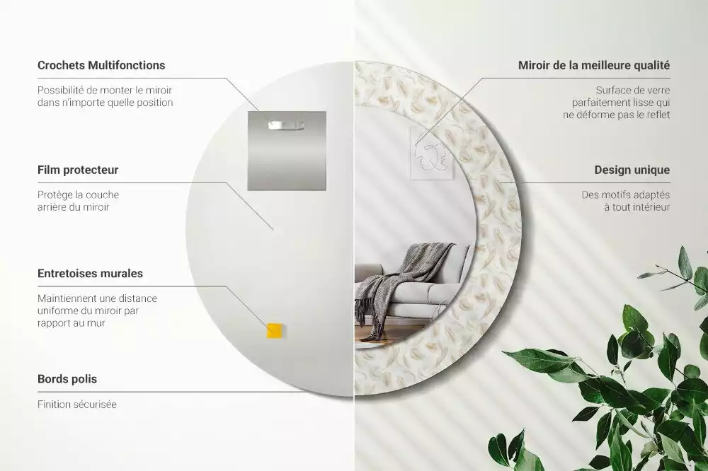 Miroir rond imprimé Plumes d'oiseaux