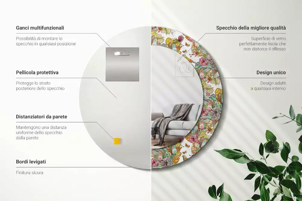 Miroir rond avec décoration Fleurs féeriques