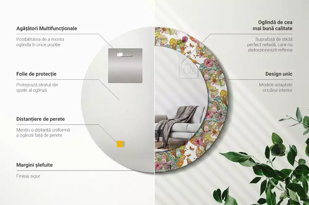 Miroir rond avec décoration Fleurs féeriques